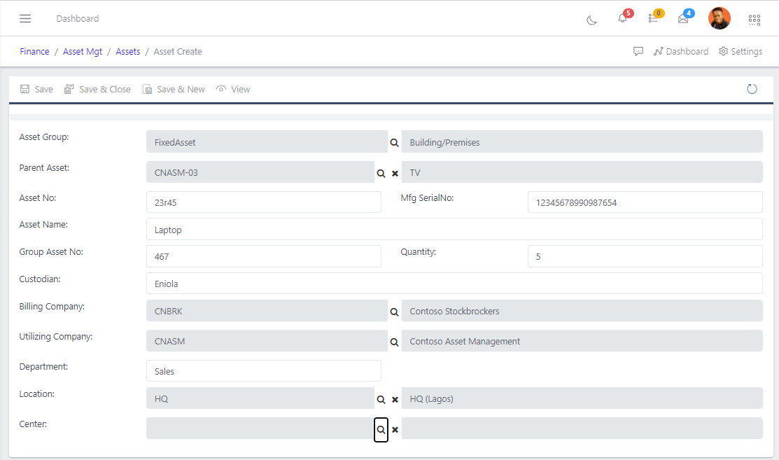 Asset Register fields
