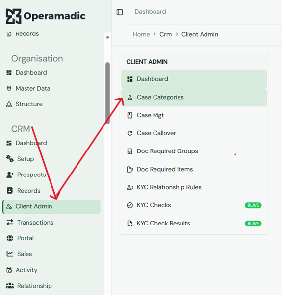 Case categories navigation menu