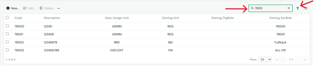 Filter and search function