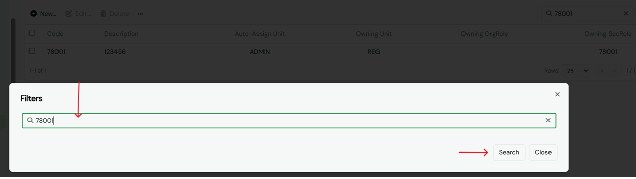 Filter and search function