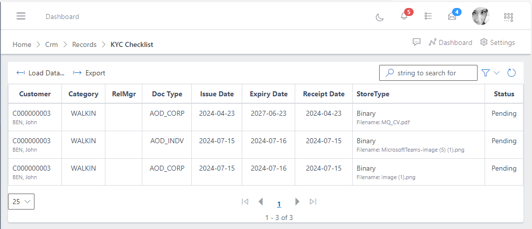Kyc checklist view