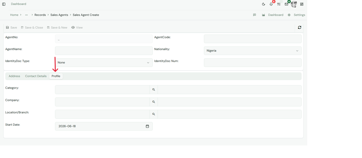 sales agent profile form