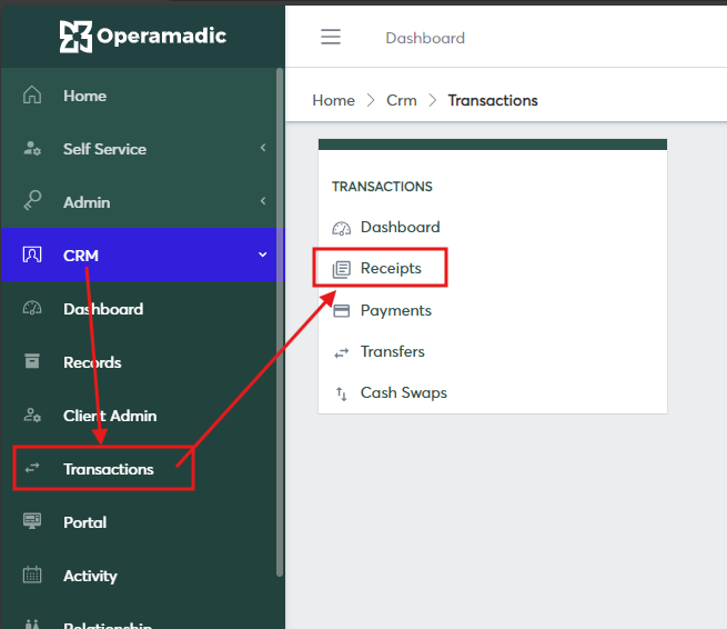 Fig 1.0 Showing how to navigate to the receipt feature