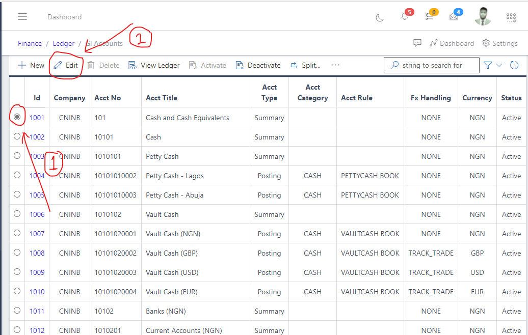  Image showing how to edit an existing GL Account.