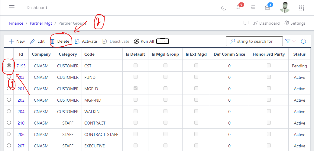 Fig 6.0 Image showing button to delete a partner groups