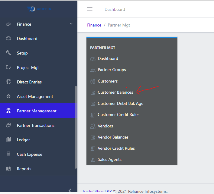 image showing customer balances navigation