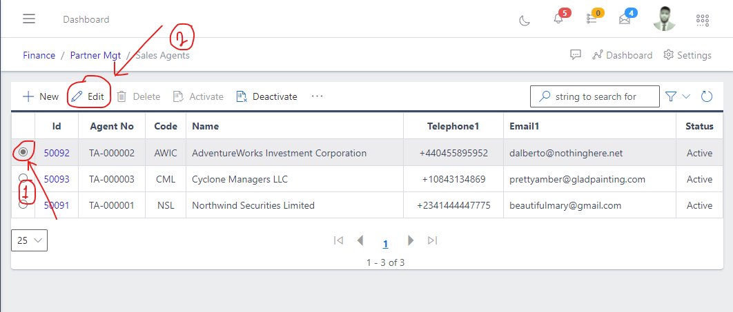 Image showing button to edit a sales agents