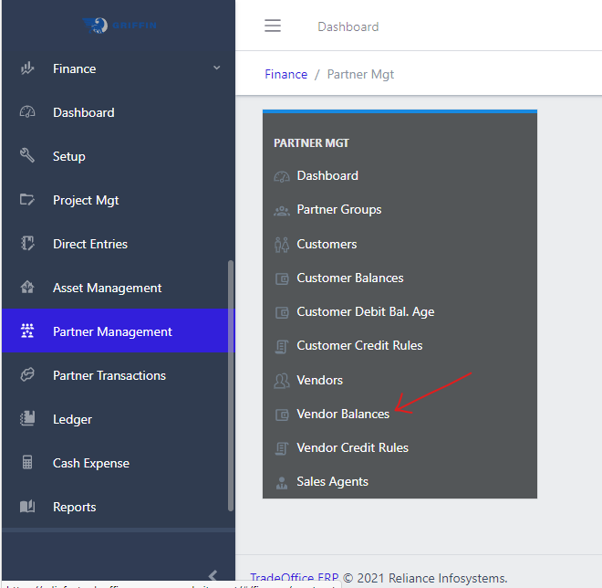 image showing vendor balances navigation