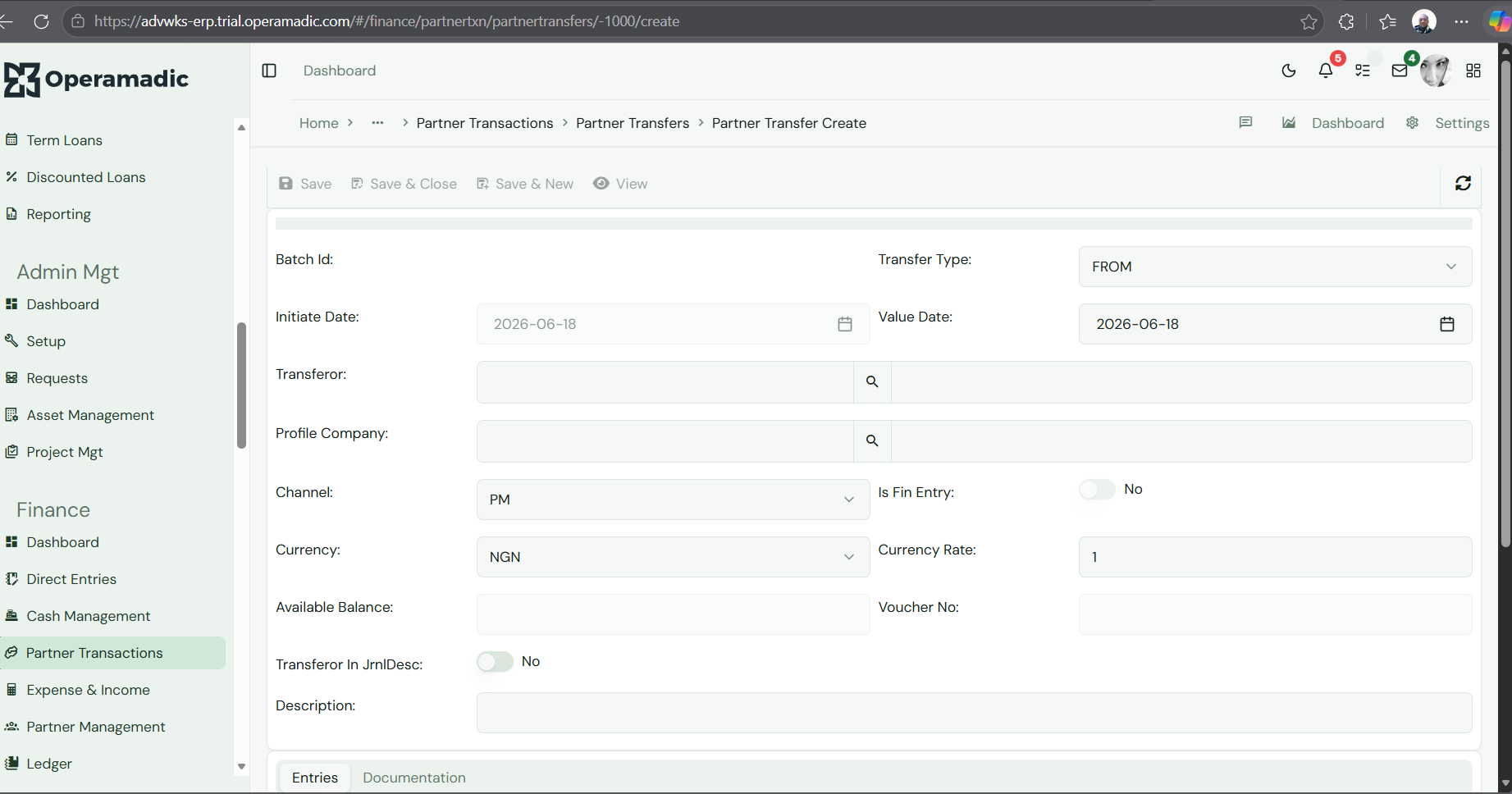 Fig 4 Creating a new Partner Transfer
