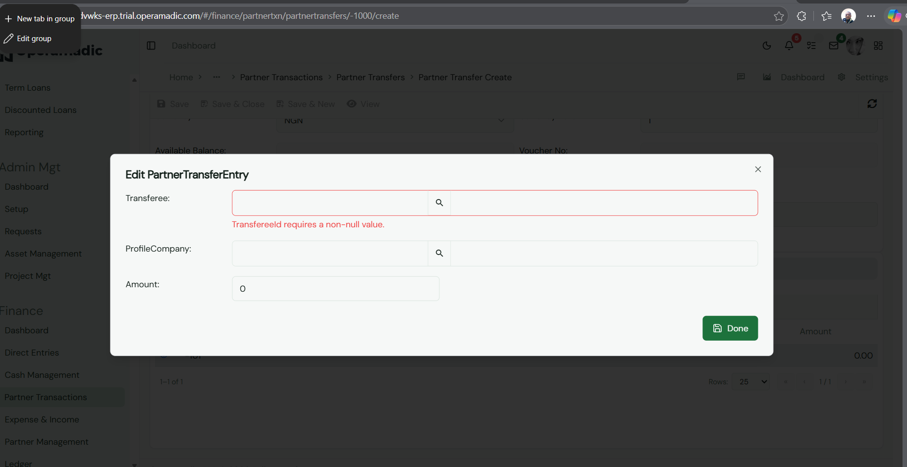 Fig 6 Specifying the transferee destination account profile target and balance numbers
