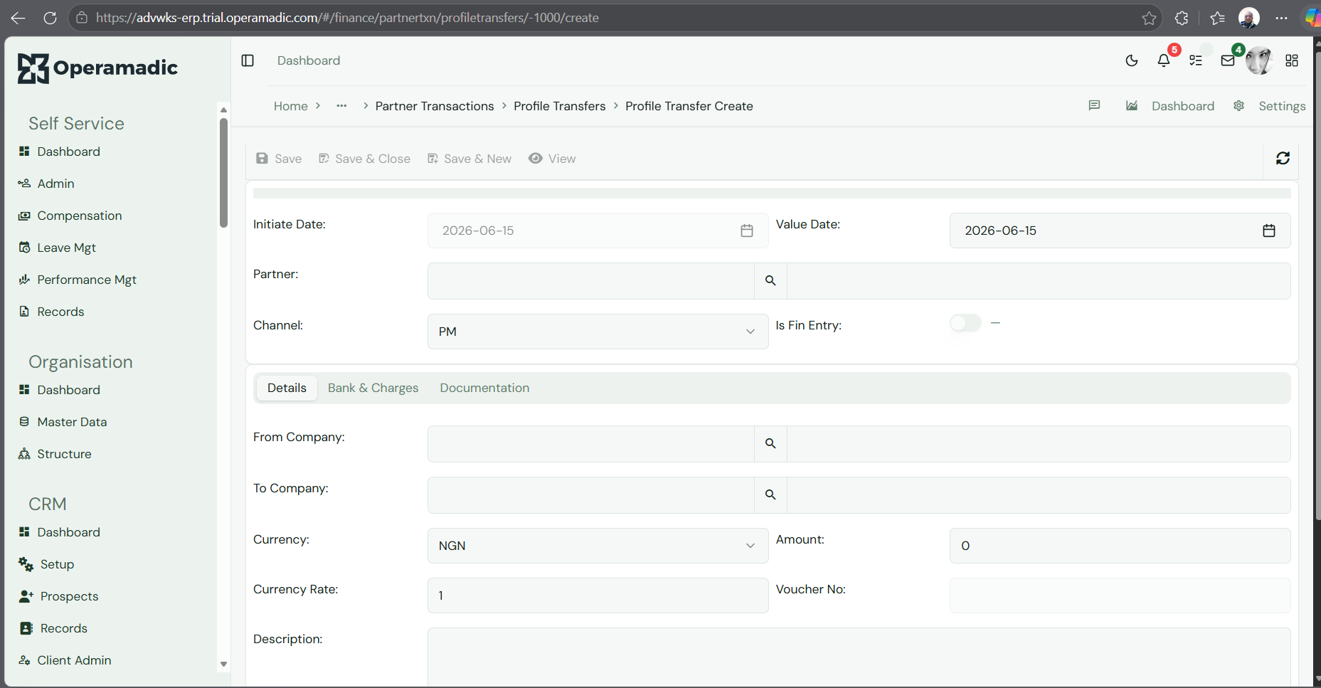 Fig 5 Profile Transfer Create form layout - Details Sub-Tab