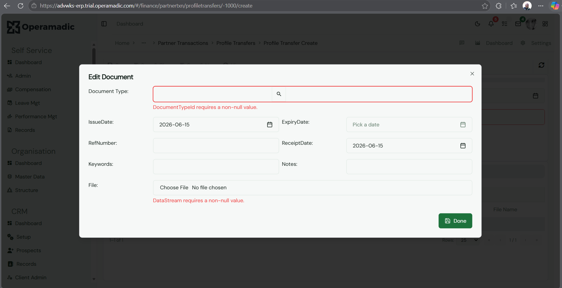 Fig 8 Document compliance attachment detail entry modal validation