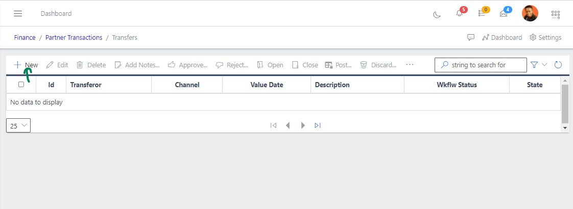 Fig 4 Clicking New Button to Create a New transfer