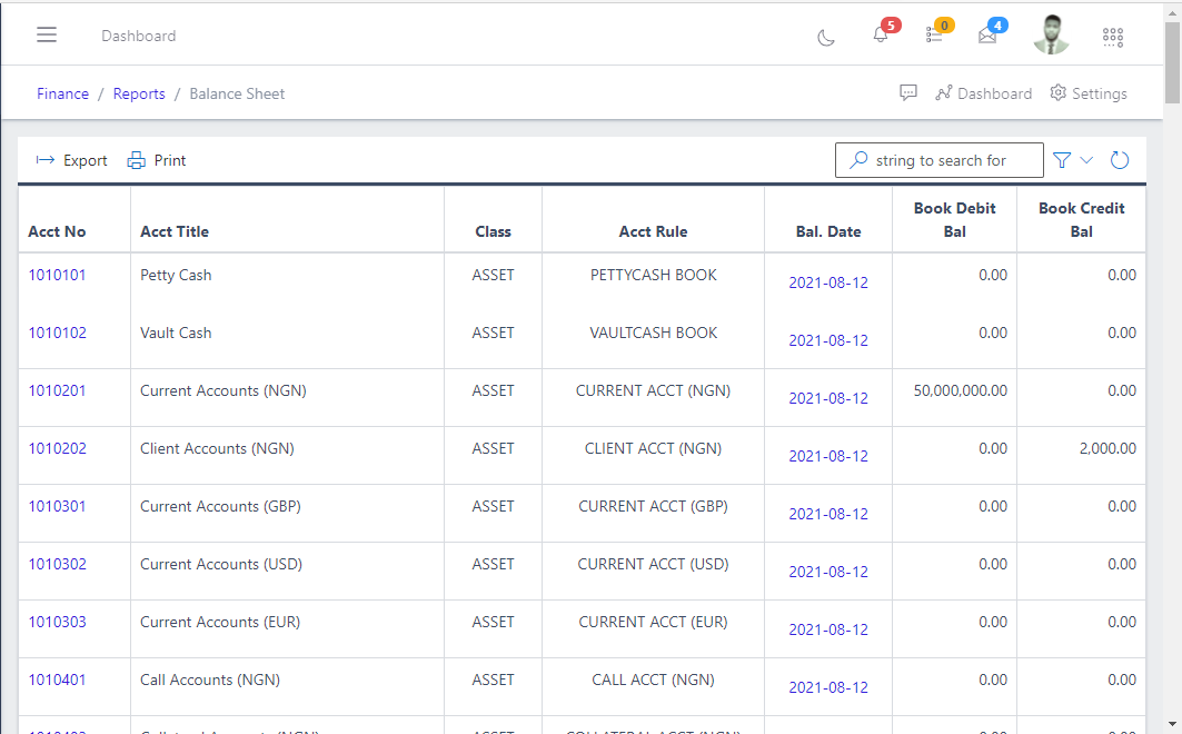 Image showing list view of Balance Sheet