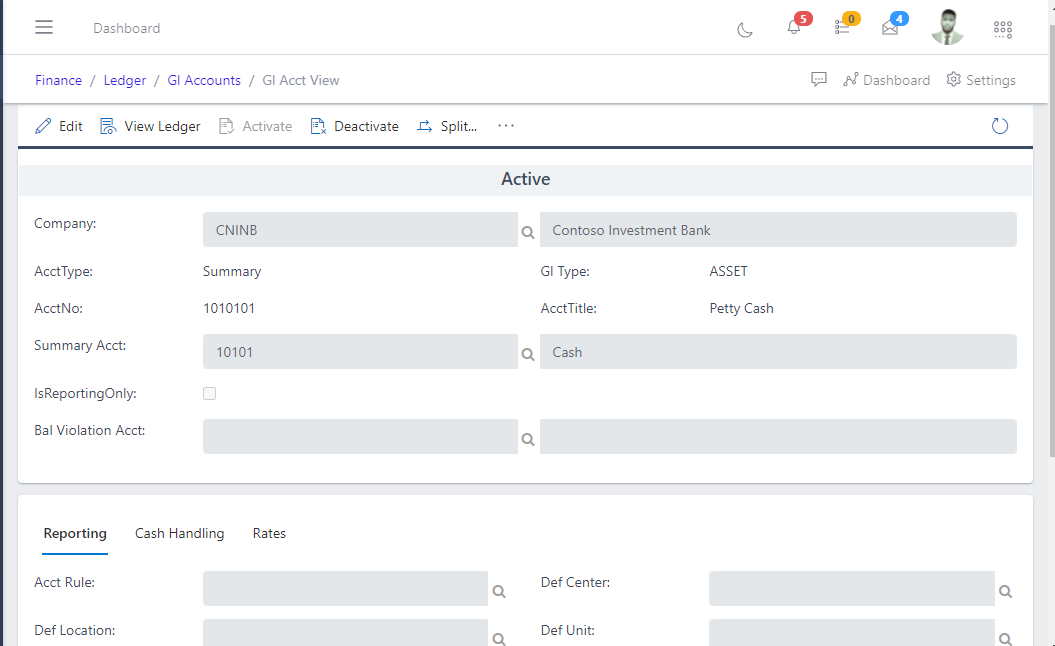 Image showing GL Account view