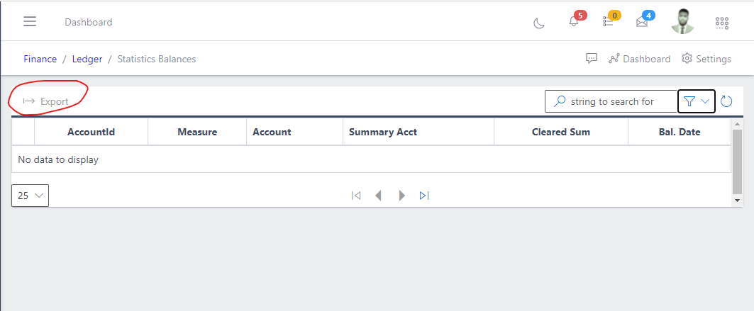 Image showing Statistics Balances export button