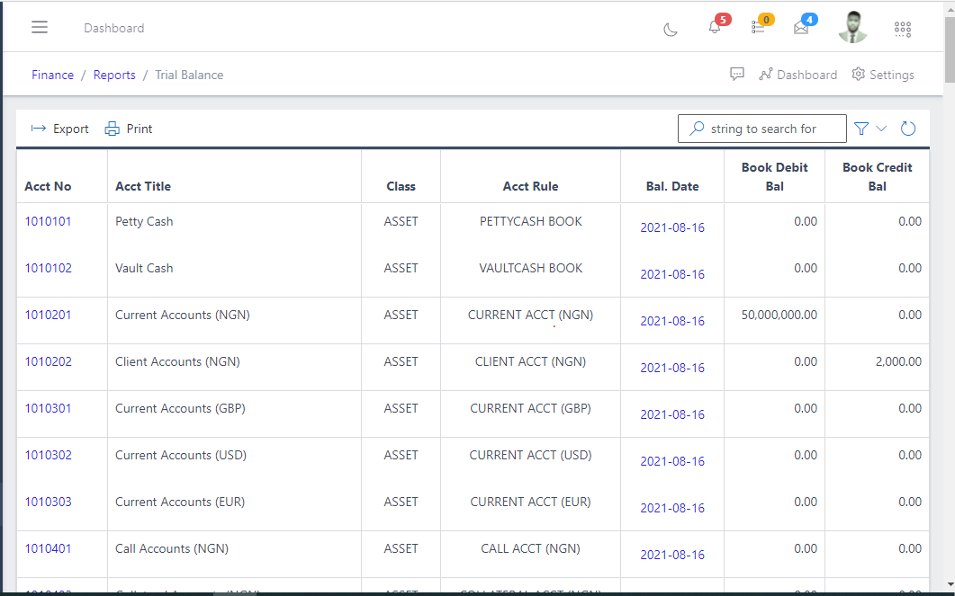 Image showing list view of Trial Balance