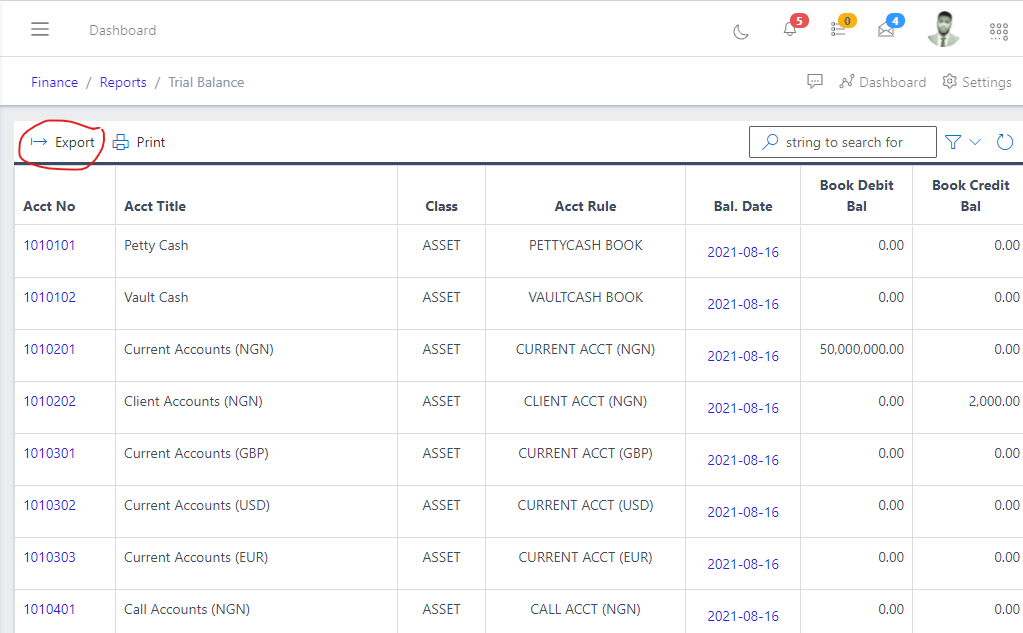 Image showing Trial Balance export button