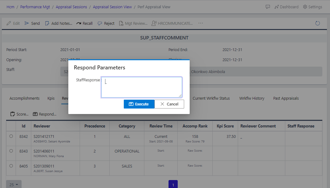 Fig 10. Staff comment modal box