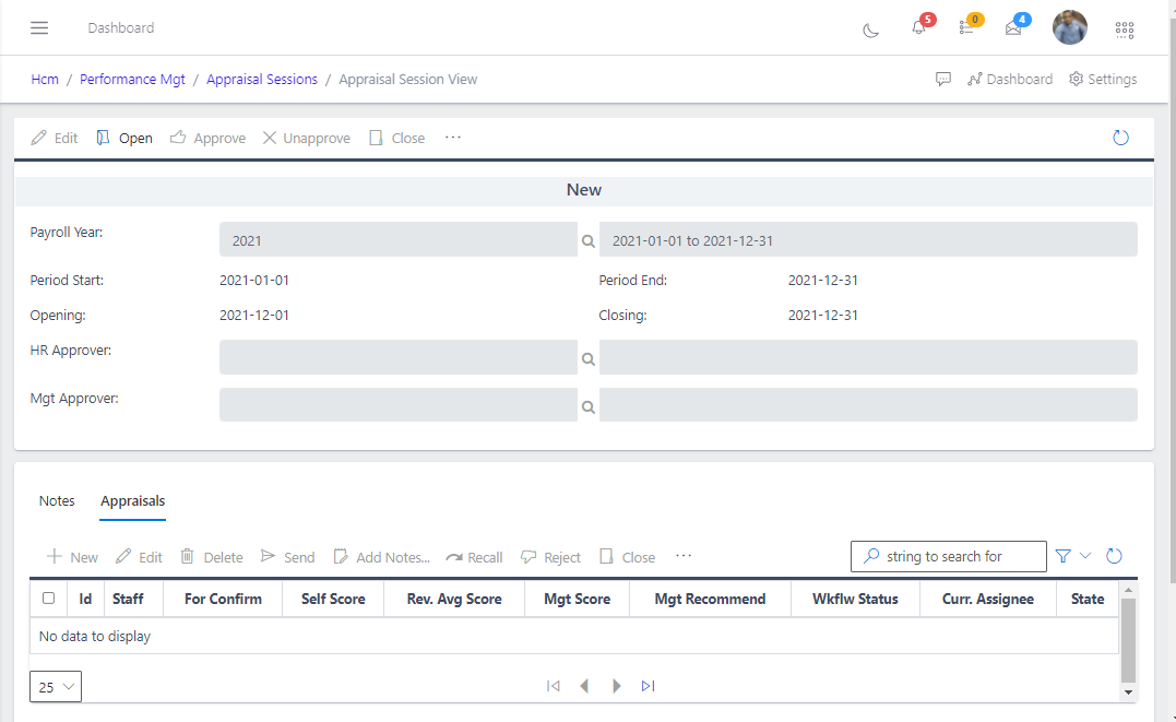 Fig 3. Showing the view of a new appraisal session