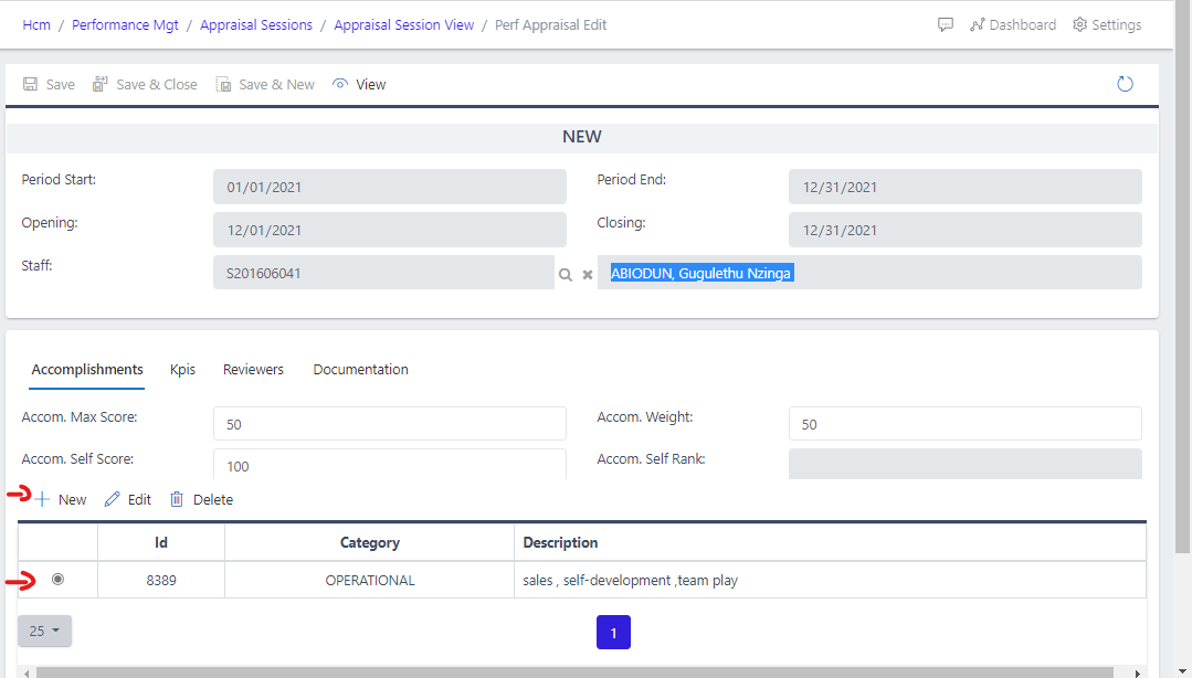 Fig 7. Showing how to add accomplishment from the edit page