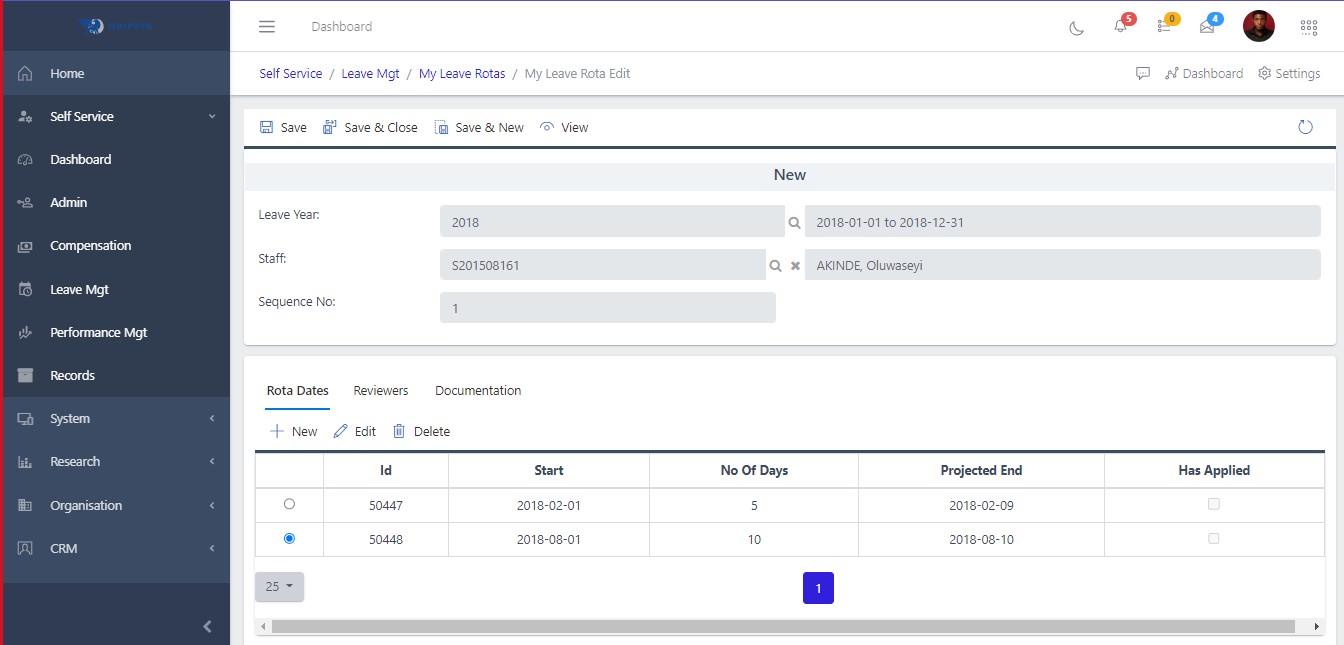 Fig 2.5.2 Save rota