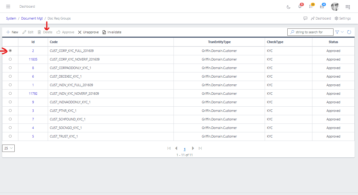 Document Requirement Groups Delete